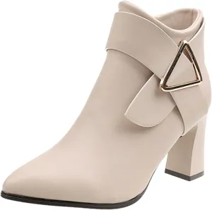 AMDBEL Chunky Heel Boots For Women Dressy Womens Short Boots Trendy Metal Buckle Vintage Pointy Toe High Chunky Heel Boots