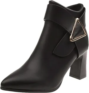 AMDBEL Chunky Heel Boots For Women Dressy Womens Short Boots Trendy Metal Buckle Vintage Pointy Toe High Chunky Heel Boots