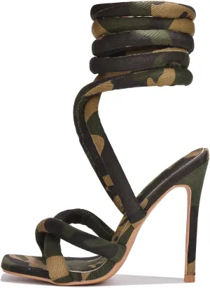 Arqa Women's Strappy Heeled Sandals Open Square Toe Padded Straps Stiletto Washed Denim High Heels