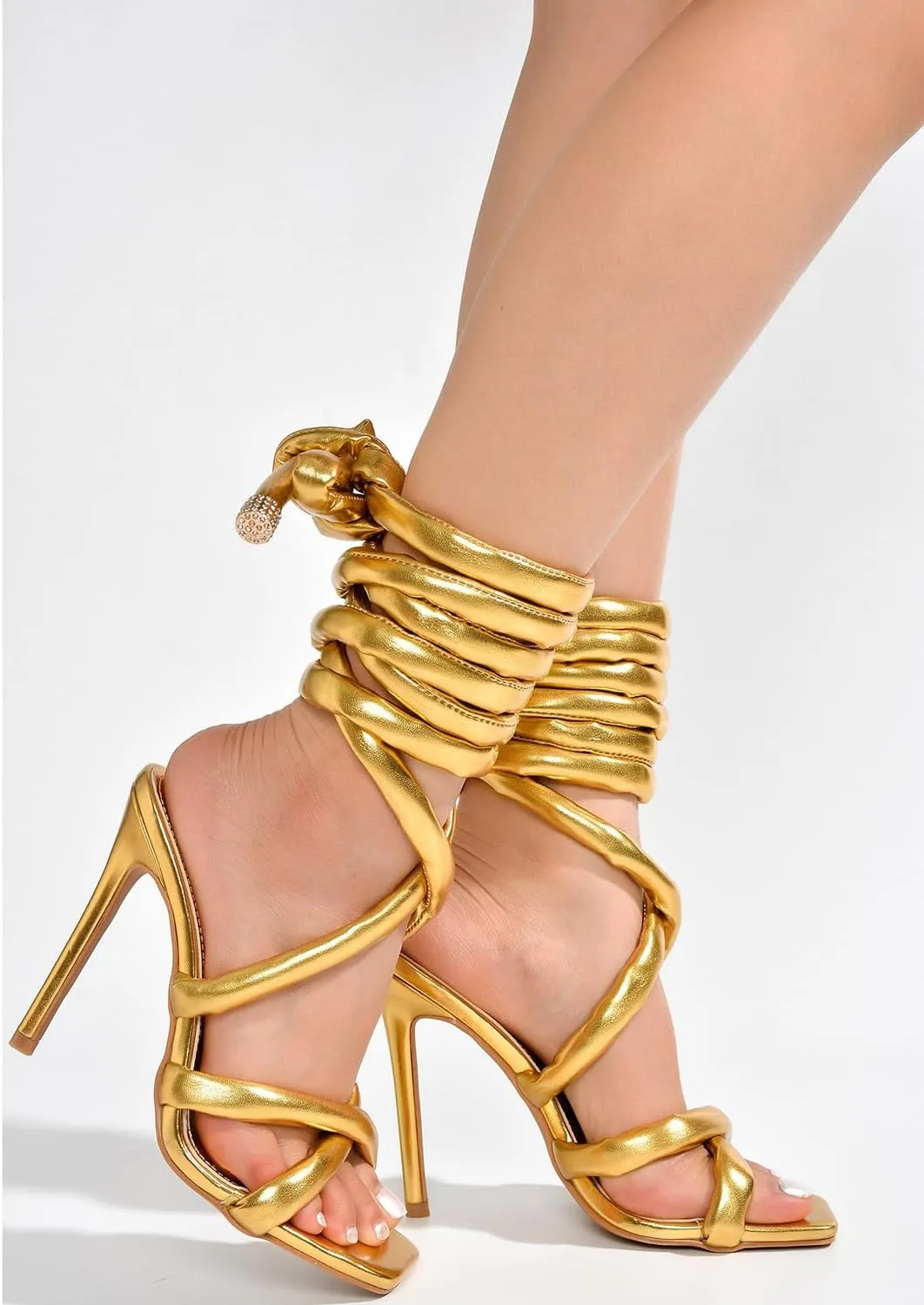 Arqa Women's Strappy Heeled Sandals Open Square Toe Padded Straps Stiletto Washed Denim High Heels
