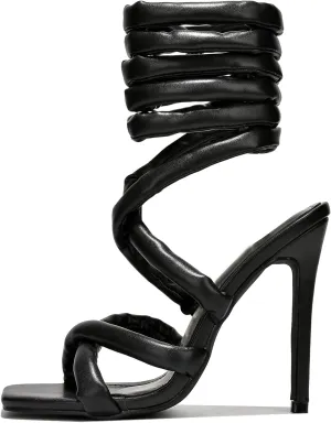 Arqa Women's Strappy Heeled Sandals Open Square Toe Padded Straps Stiletto Washed Denim High Heels