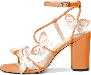 AUMOTED Womens Butterfly Sandals Chunky Block High Heels Strappy Open Round Toe Butterfly Heels 3.4 Inch Wedding Dress Shoes