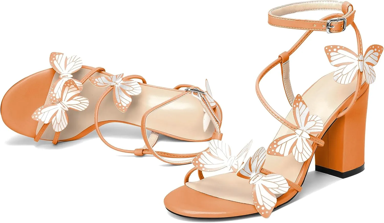 AUMOTED Womens Butterfly Sandals Chunky Block High Heels Strappy Open Round Toe Butterfly Heels 3.4 Inch Wedding Dress Shoes