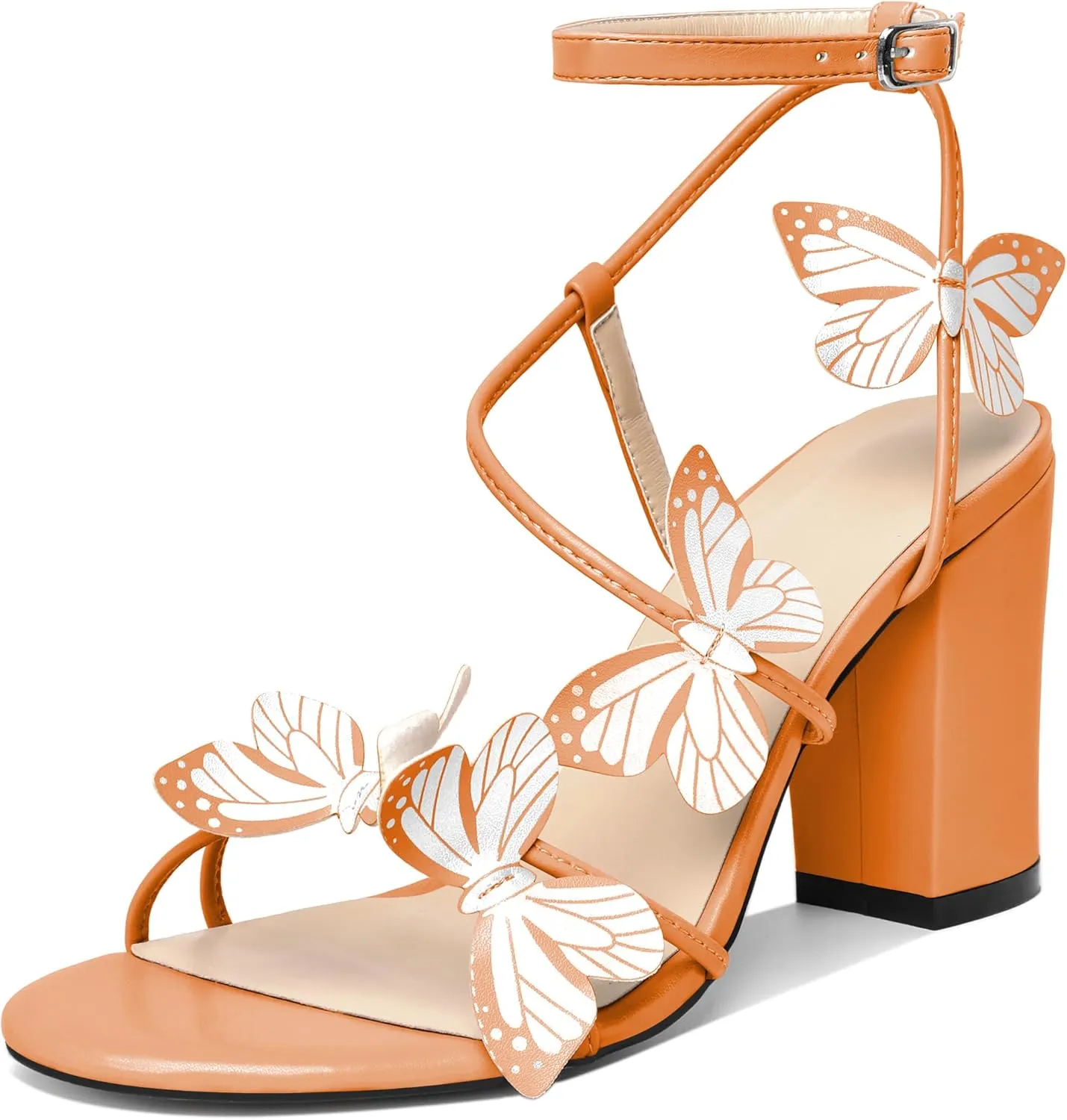 AUMOTED Womens Butterfly Sandals Chunky Block High Heels Strappy Open Round Toe Butterfly Heels 3.4 Inch Wedding Dress Shoes