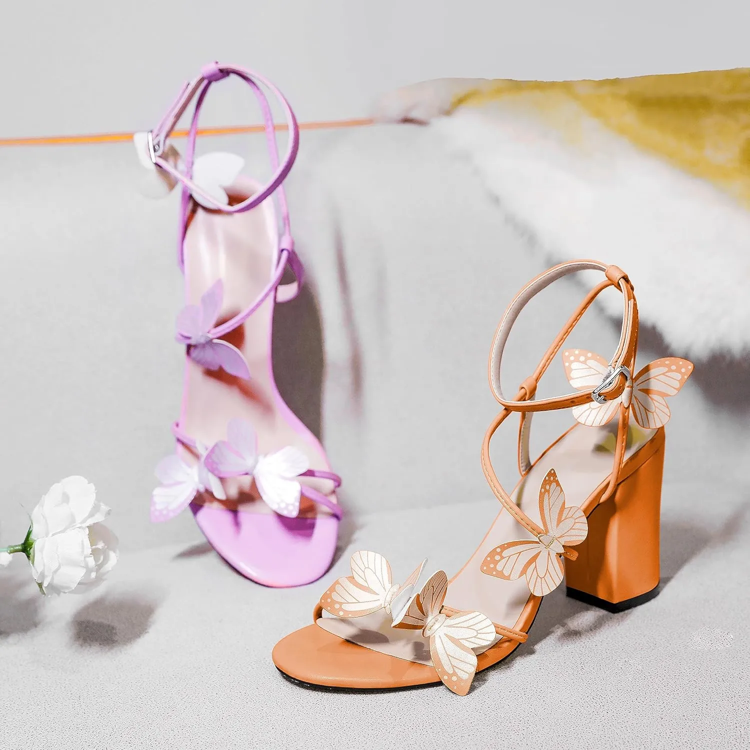 AUMOTED Womens Butterfly Sandals Chunky Block High Heels Strappy Open Round Toe Butterfly Heels 3.4 Inch Wedding Dress Shoes