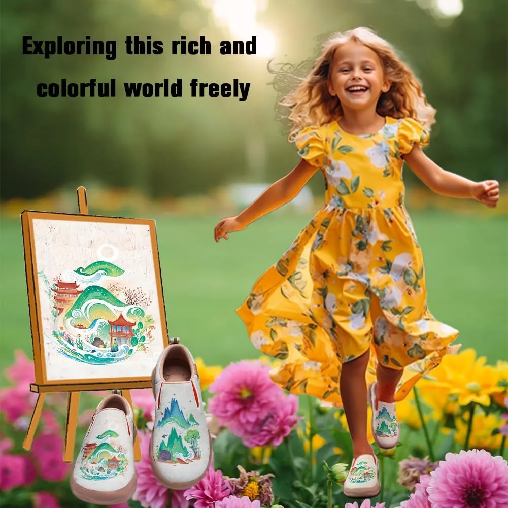 Boys Girls Shoes Kid's Loafers Fashion Casual Slip-on Leather Sneakers Chinese Style Landscape Painting