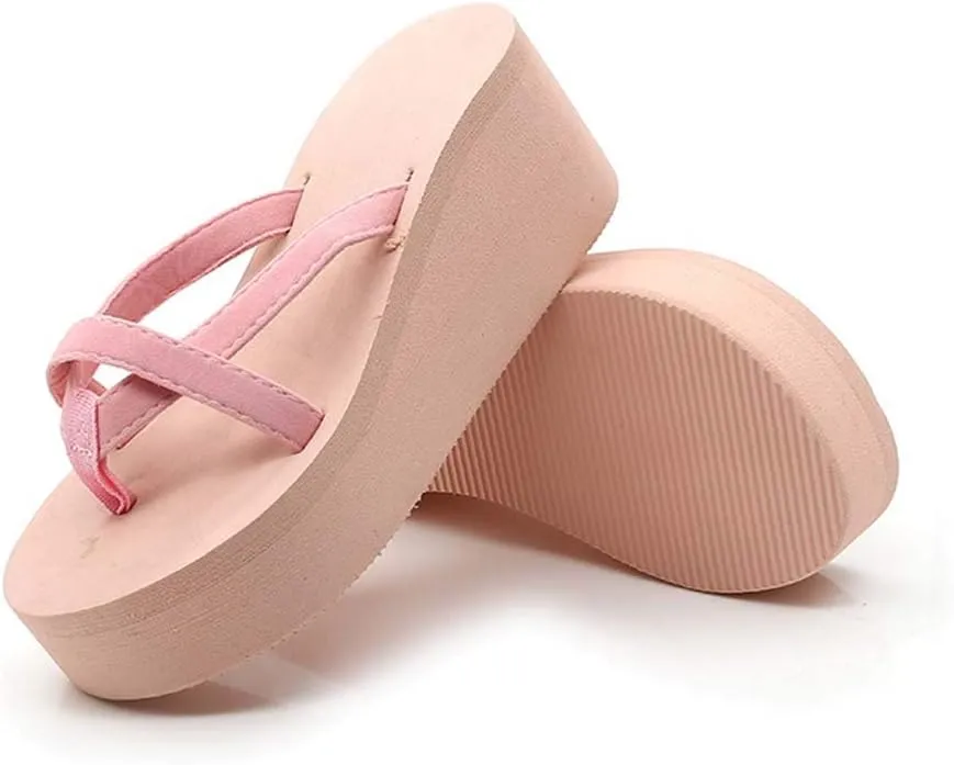 Casual Shoes Flip Flops for Women Slip On Platform Sandals Solid Color Wedge Slides Summer Beach Slippers Open Toe (Pink, 9)