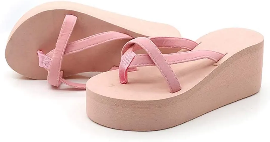 Casual Shoes Flip Flops for Women Slip On Platform Sandals Solid Color Wedge Slides Summer Beach Slippers Open Toe (Pink, 9)