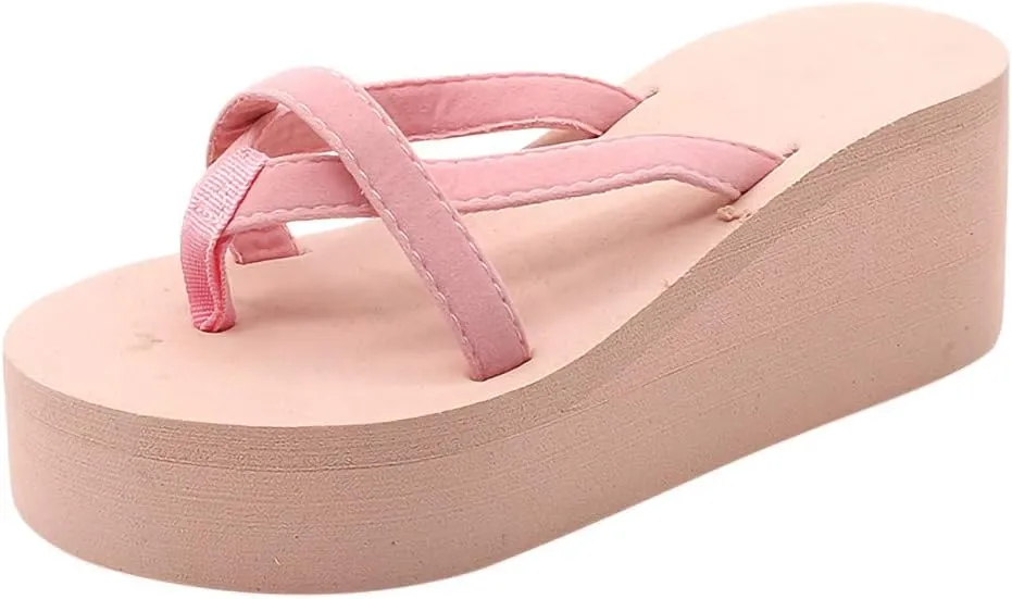 Casual Shoes Flip Flops for Women Slip On Platform Sandals Solid Color Wedge Slides Summer Beach Slippers Open Toe (Pink, 9)