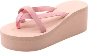 Casual Shoes Flip Flops for Women Slip On Platform Sandals Solid Color Wedge Slides Summer Beach Slippers Open Toe (Pink, 9)