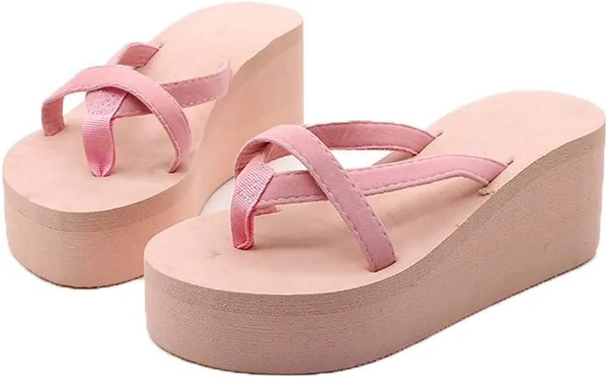 Casual Shoes Flip Flops for Women Slip On Platform Sandals Solid Color Wedge Slides Summer Beach Slippers Open Toe (Pink, 9)