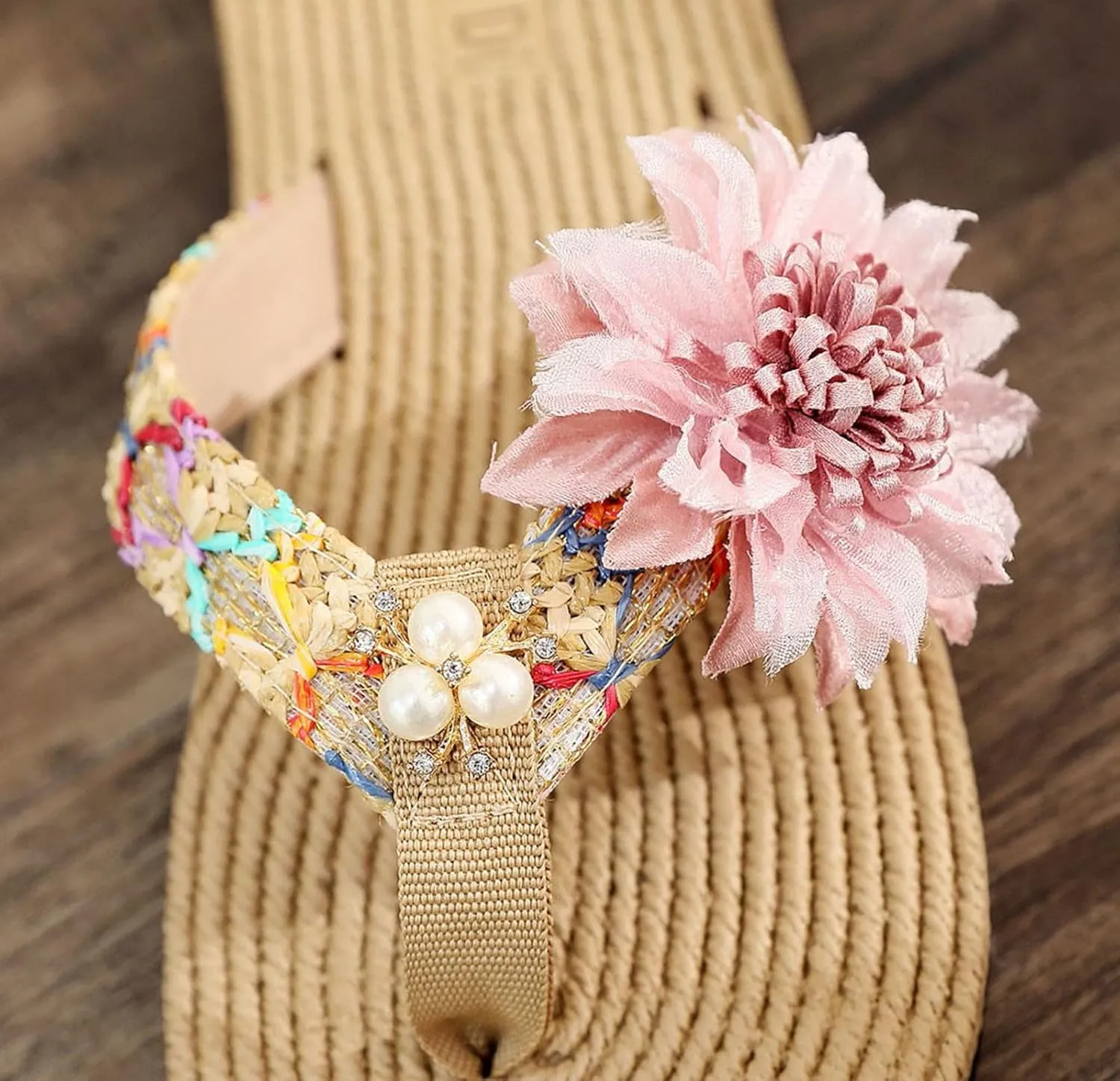 Casual Shoes Sunflower Flat Flip Flops for Women Bohemian Slip On Sandals Summer Beach Slippers Open Toe Slides (Pink, 8)