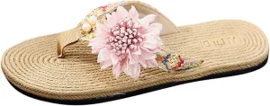 Casual Shoes Sunflower Flat Flip Flops for Women Bohemian Slip On Sandals Summer Beach Slippers Open Toe Slides (Pink, 8)