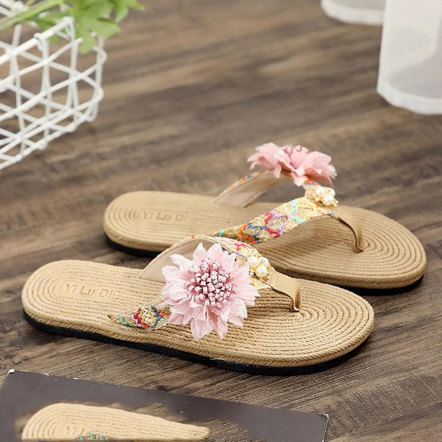 Casual Shoes Sunflower Flat Flip Flops for Women Bohemian Slip On Sandals Summer Beach Slippers Open Toe Slides (Pink, 8)
