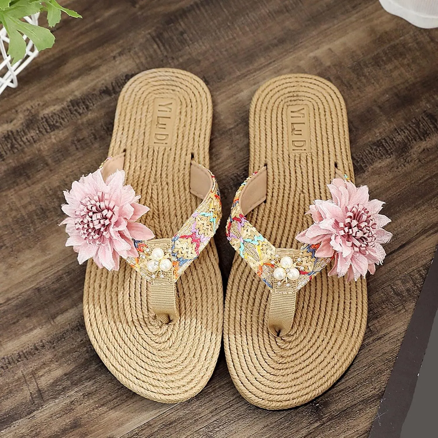 Casual Shoes Sunflower Flat Flip Flops for Women Bohemian Slip On Sandals Summer Beach Slippers Open Toe Slides (Pink, 8)