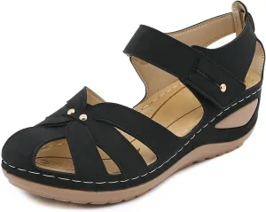 Closed Toe Wedges Sandals for Women Orthopedic Anti-Slip Vintage Cross Belt Wedge Gladiator Hollow Out Sandal Ankle Strap Hook and Loop Flat Sandals Causal Summer Shoes Outdoor Beach Athletic Sandal