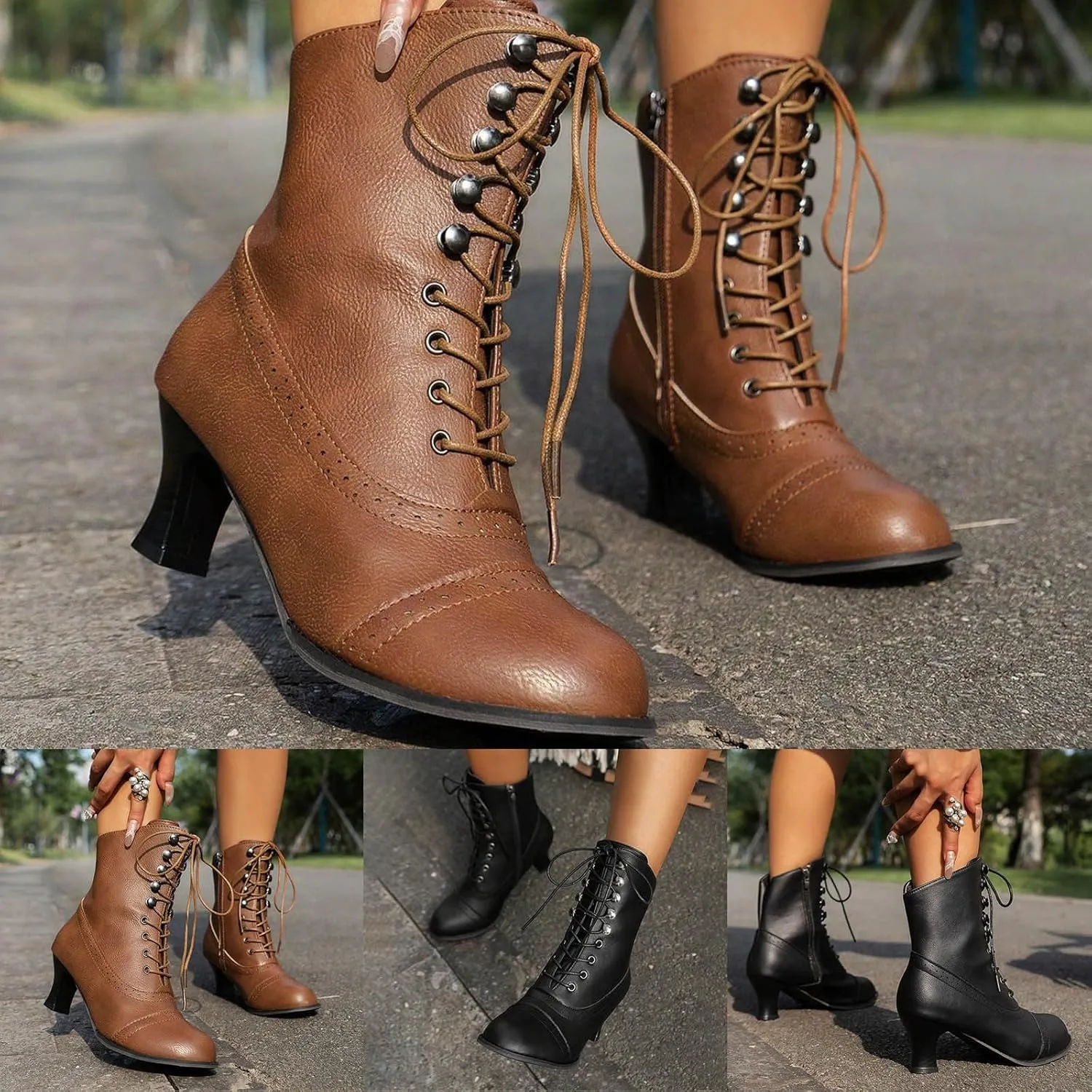 Cowboy Boots for Women, Mid Calf Round Toe Stiletto High Heel Short Boots Lace Up Elastic Fashion Trendy Boots