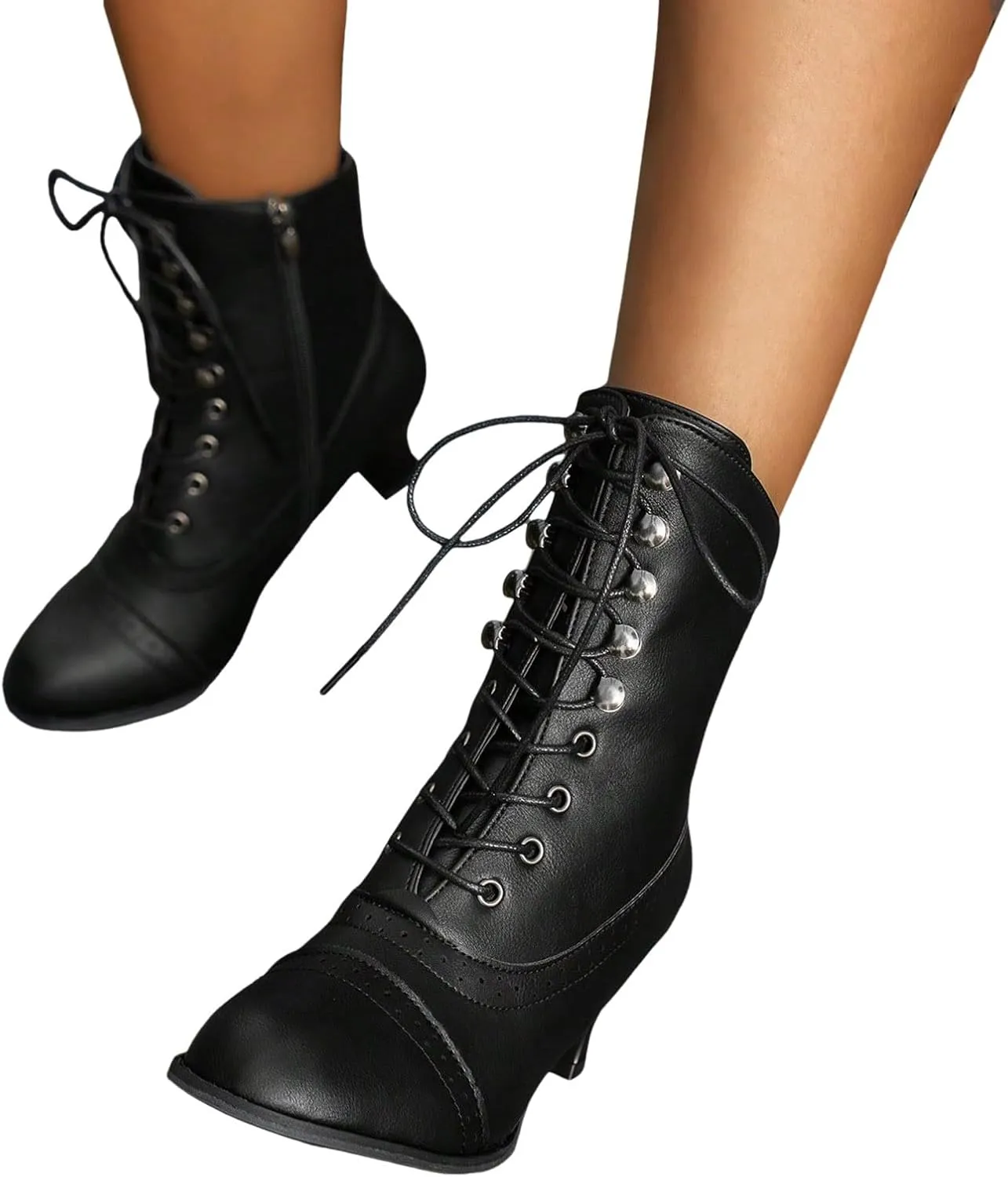 Cowboy Boots for Women, Mid Calf Round Toe Stiletto High Heel Short Boots Lace Up Elastic Fashion Trendy Boots
