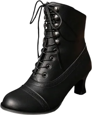 Cowboy Boots for Women, Mid Calf Round Toe Stiletto High Heel Short Boots Lace Up Elastic Fashion Trendy Boots