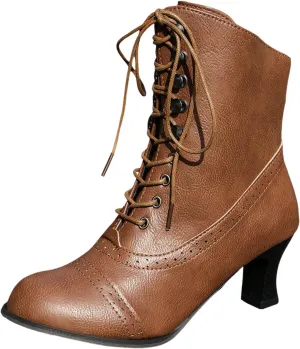 Cowboy Boots for Women, Mid Calf Round Toe Stiletto High Heel Short Boots Lace Up Elastic Fashion Trendy Boots