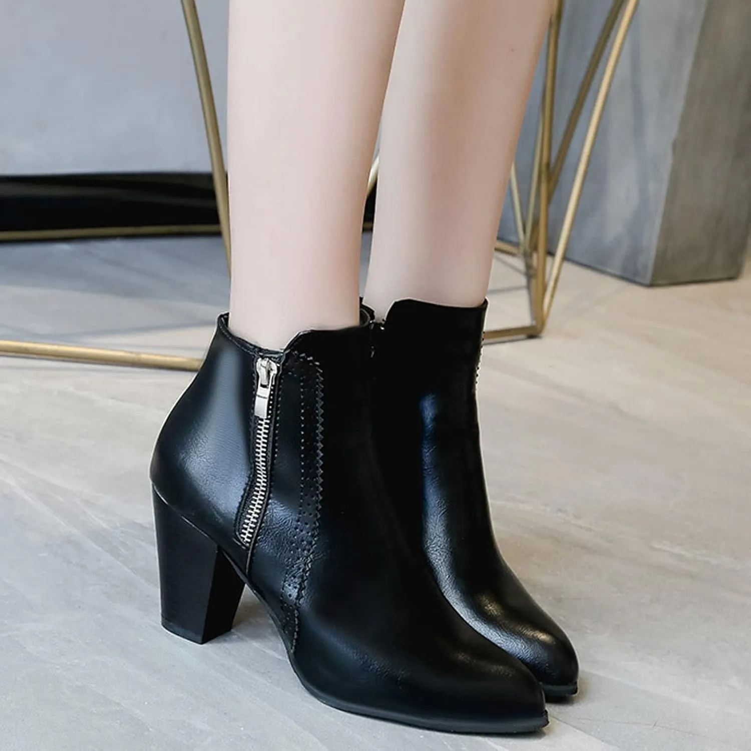 Cowboy Boots for Women with Heel Wedges Ankle Booties Retro V Cutout Comfy Short Boots Flock Zip Closure Stacked Chunky Block Heels Shoes 52