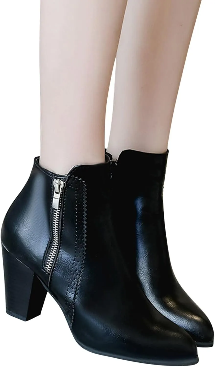 Cowboy Boots for Women with Heel Wedges Ankle Booties Retro V Cutout Comfy Short Boots Flock Zip Closure Stacked Chunky Block Heels Shoes 52