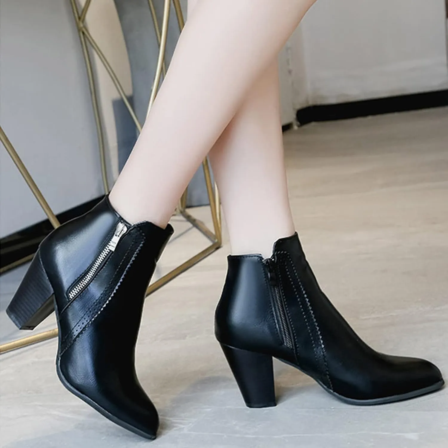 Cowboy Boots for Women with Heel Wedges Ankle Booties Retro V Cutout Comfy Short Boots Flock Zip Closure Stacked Chunky Block Heels Shoes 52