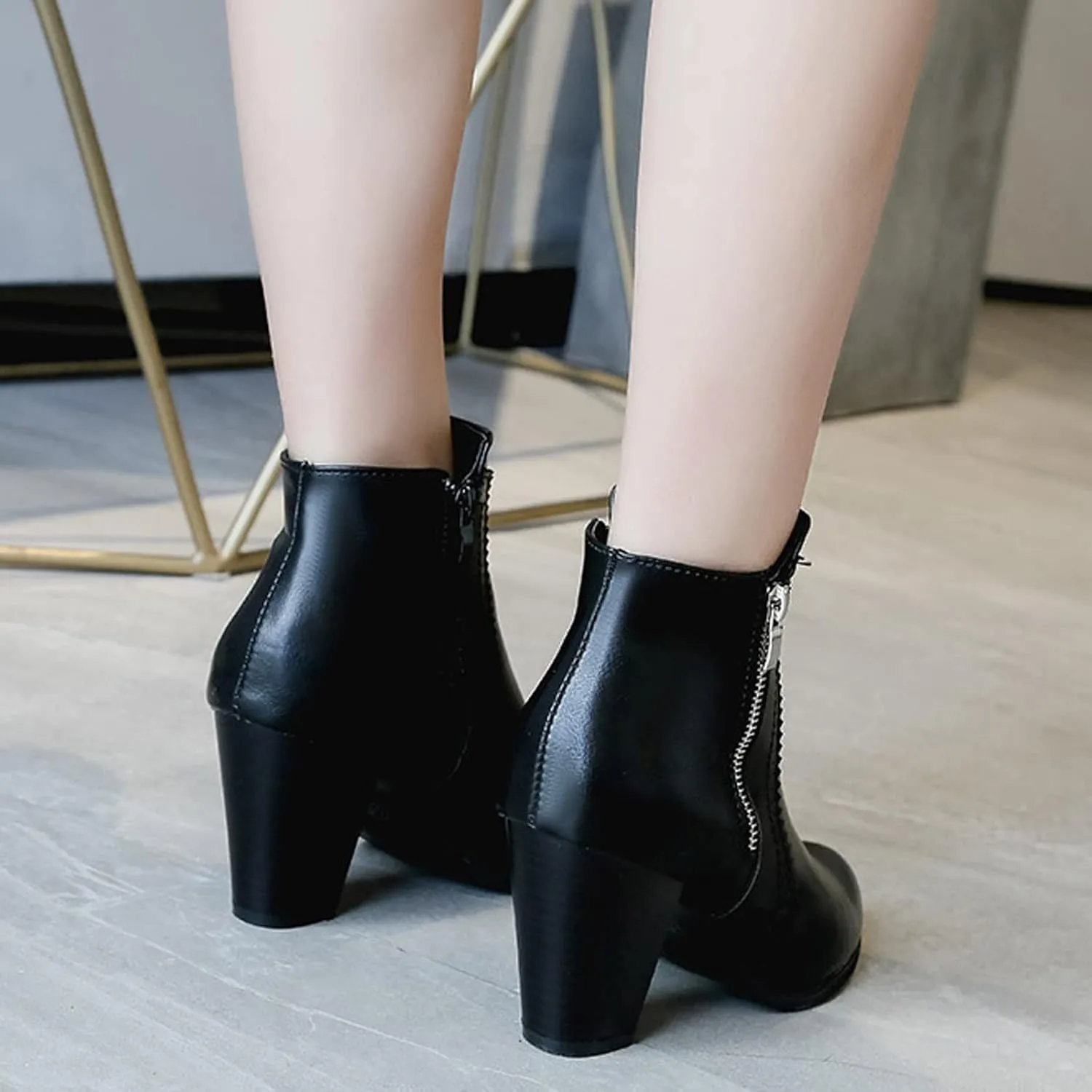 Cowboy Boots for Women with Heel Wedges Ankle Booties Retro V Cutout Comfy Short Boots Flock Zip Closure Stacked Chunky Block Heels Shoes 52