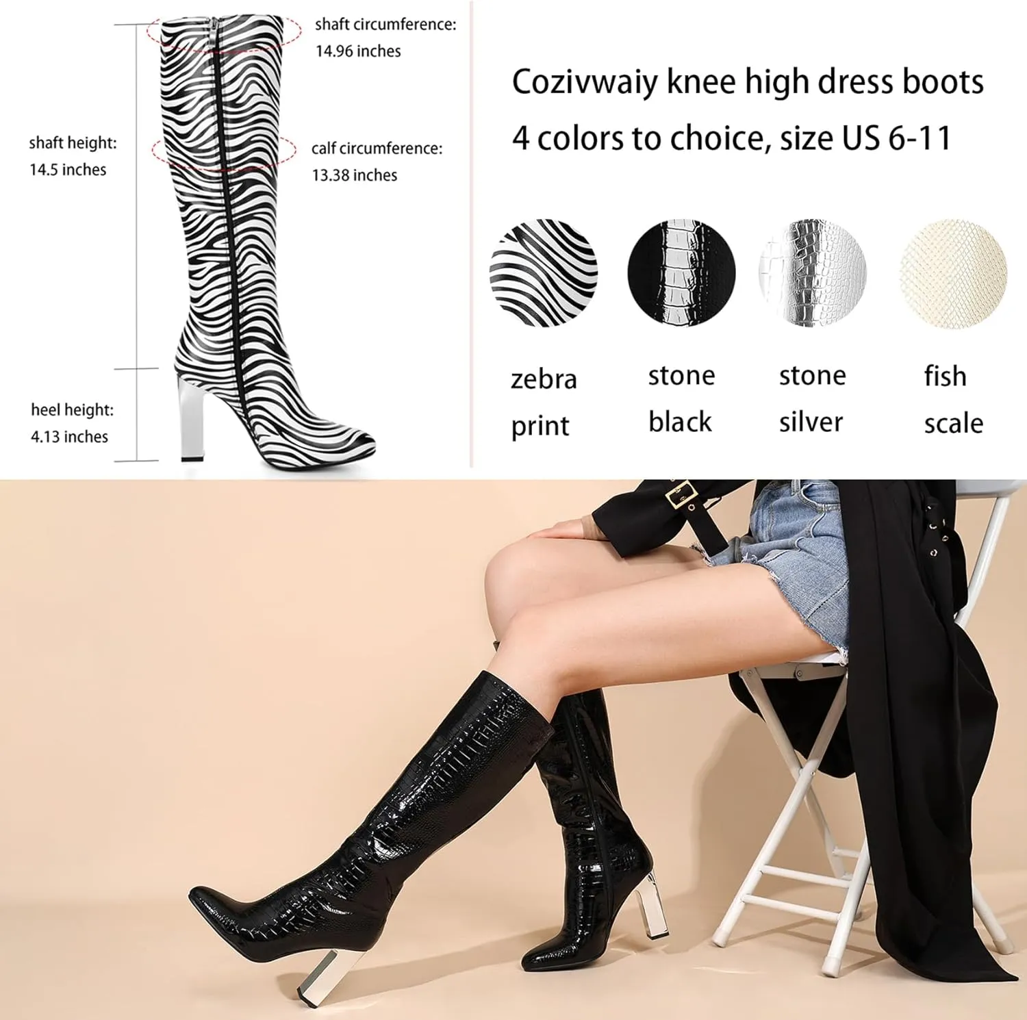 Cozivwaiy Women Knee High Dress Boots Block High Heels Boots Riding Formal Metallic Heels Boots Tall Boots Zipper