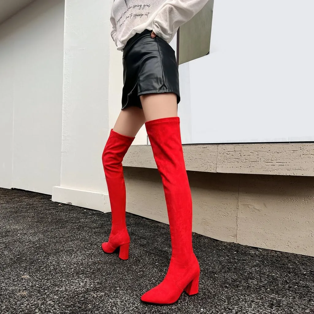 DINTAHA Stretch Suede Thigh High Heel Boots Pointed Toe Chunky Thigh High Heeled Boots Fall Boots
