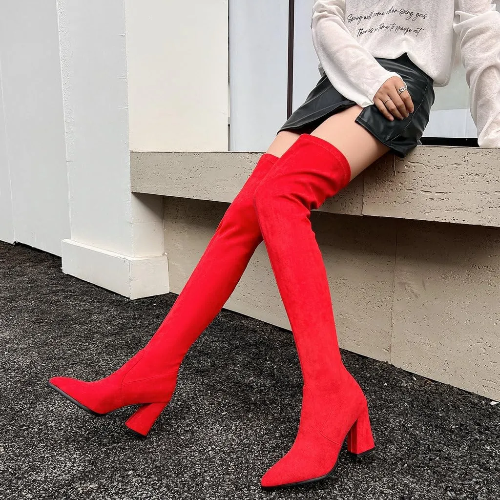 DINTAHA Stretch Suede Thigh High Heel Boots Pointed Toe Chunky Thigh High Heeled Boots Fall Boots