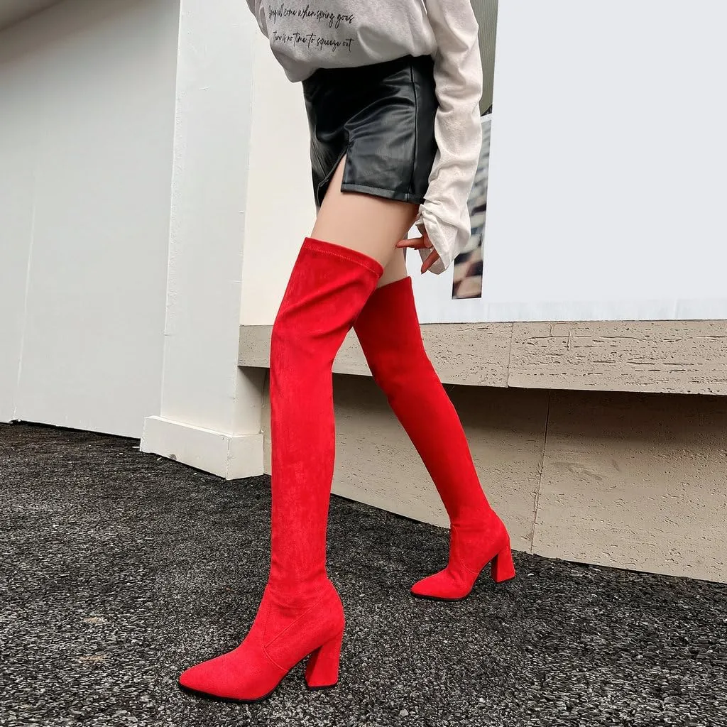 DINTAHA Stretch Suede Thigh High Heel Boots Pointed Toe Chunky Thigh High Heeled Boots Fall Boots