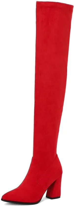 DINTAHA Stretch Suede Thigh High Heel Boots Pointed Toe Chunky Thigh High Heeled Boots Fall Boots