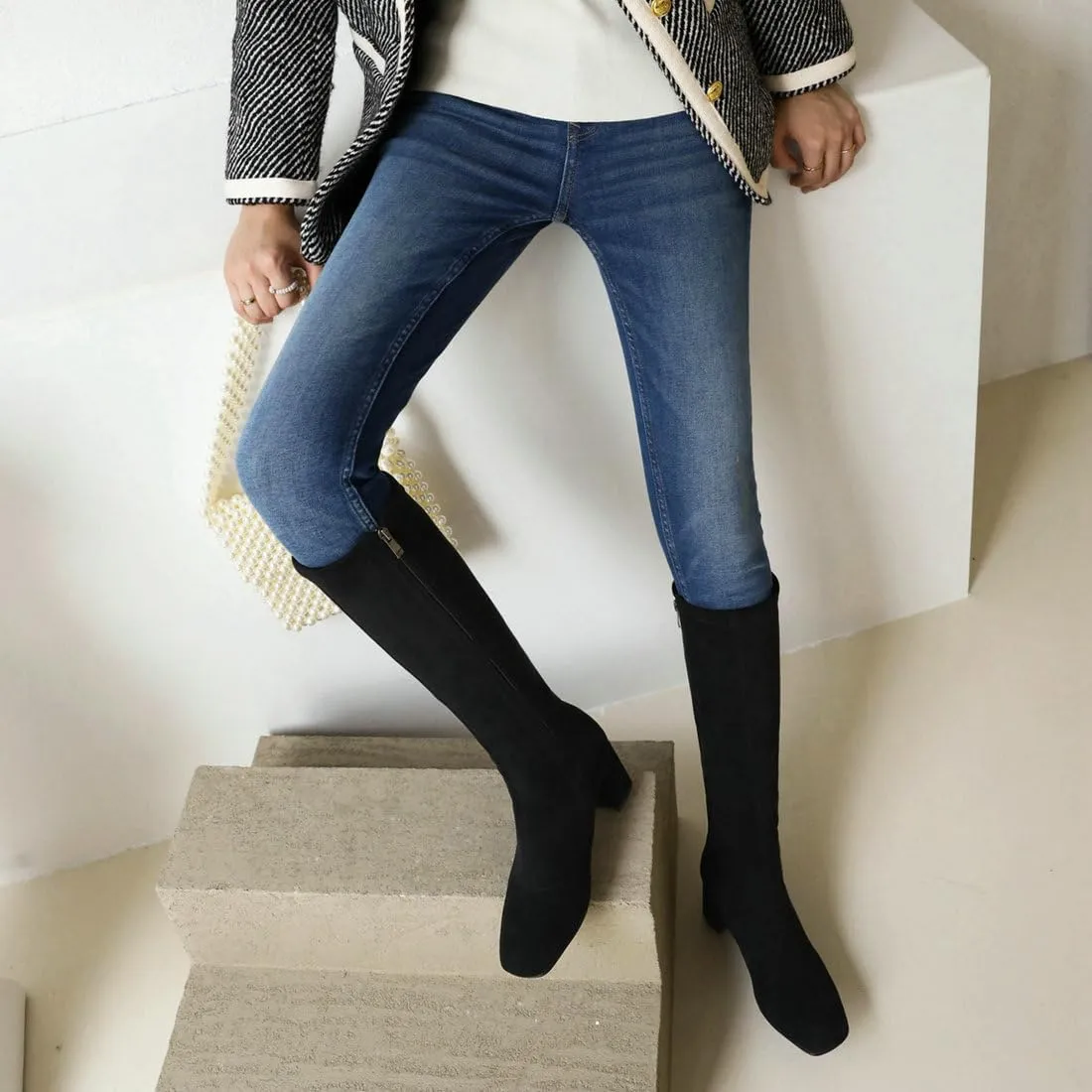 DINTAHA Suede Stretch Knee High Heeled Boots Tall Boots For Women Fall Square Toe Zip Up Warm Winter Boots