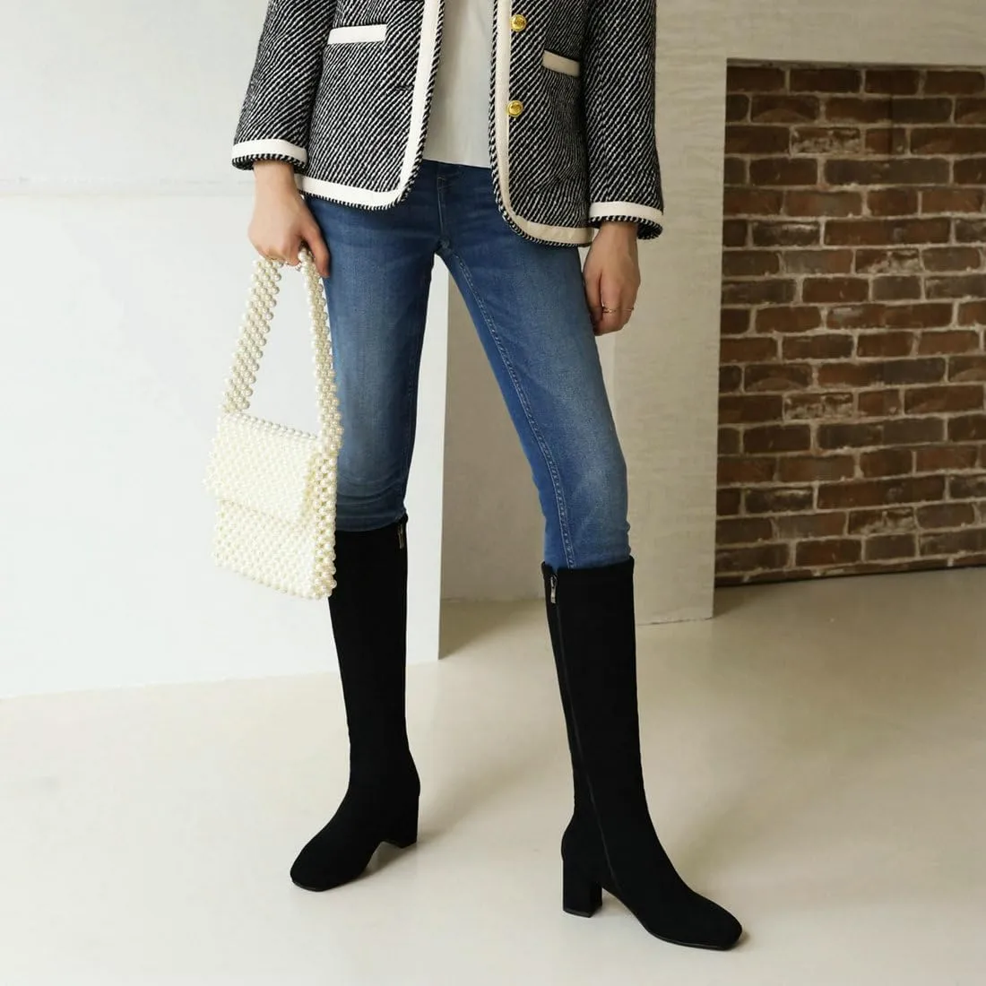 DINTAHA Suede Stretch Knee High Heeled Boots Tall Boots For Women Fall Square Toe Zip Up Warm Winter Boots