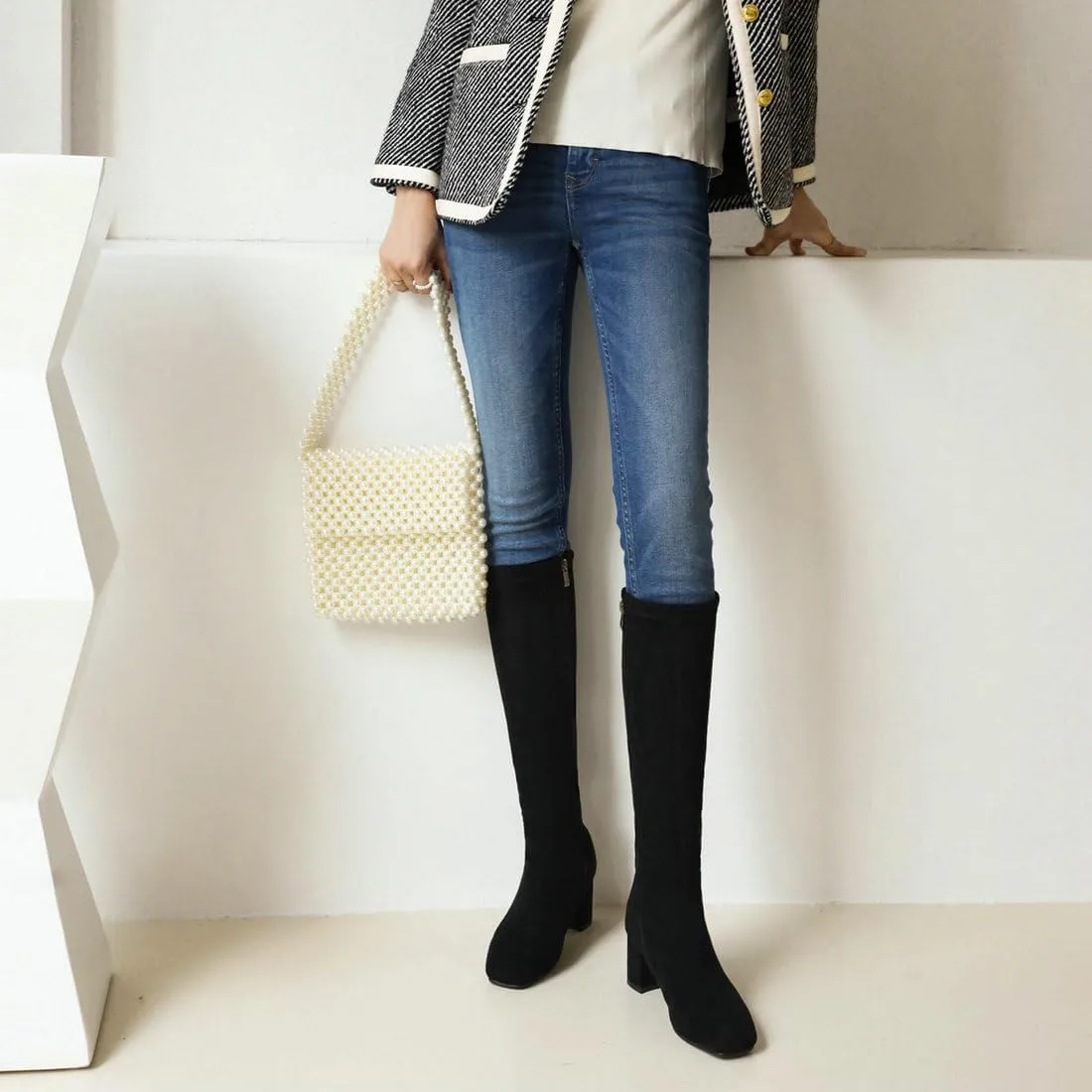 DINTAHA Suede Stretch Knee High Heeled Boots Tall Boots For Women Fall Square Toe Zip Up Warm Winter Boots