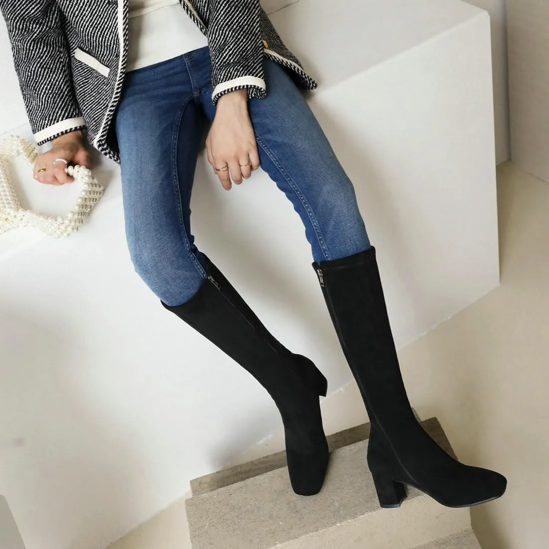 DINTAHA Suede Stretch Knee High Heeled Boots Tall Boots For Women Fall Square Toe Zip Up Warm Winter Boots