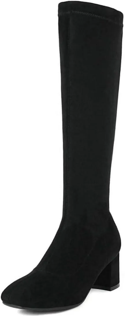 DINTAHA Suede Stretch Knee High Heeled Boots Tall Boots For Women Fall Square Toe Zip Up Warm Winter Boots