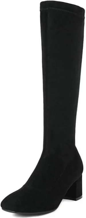 DINTAHA Suede Stretch Knee High Heeled Boots Tall Boots For Women Fall Square Toe Zip Up Warm Winter Boots