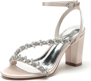 Elegant Rhinestone Strap Wedding Sandals Block High Heels for Women
