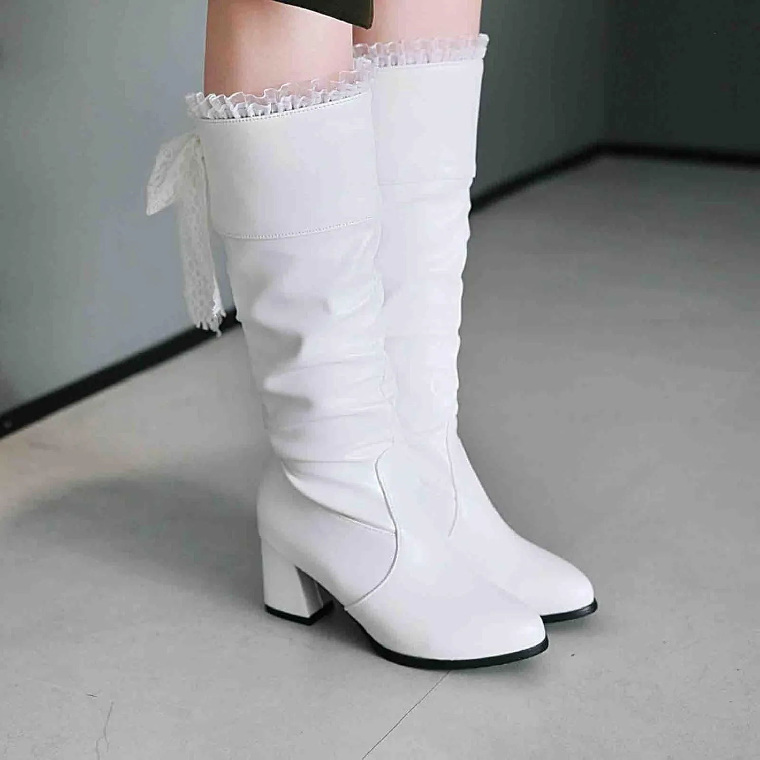 FFZSQ Winter Boots Ladies Lace Boots with Block Heel, Elegant Ruffle Long Shaft Boots Comfort Non-Slip Snow Boots PU Leather Slip Boots Women Party Shoes
