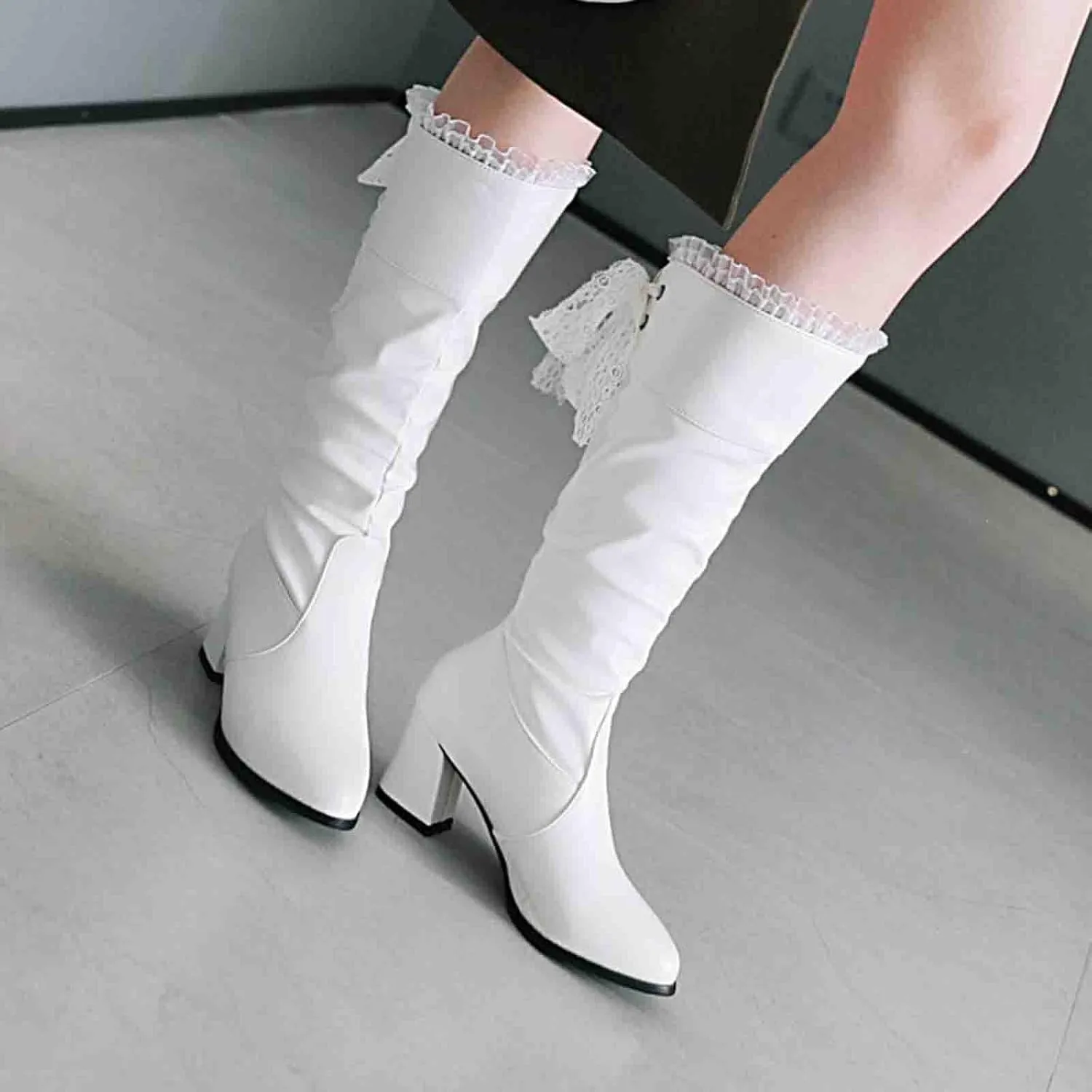 FFZSQ Winter Boots Ladies Lace Boots with Block Heel, Elegant Ruffle Long Shaft Boots Comfort Non-Slip Snow Boots PU Leather Slip Boots Women Party Shoes