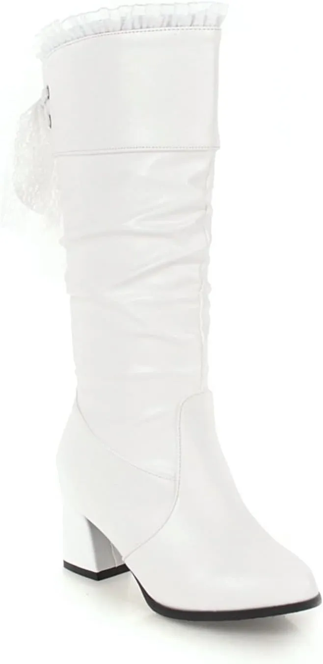 FFZSQ Winter Boots Ladies Lace Boots with Block Heel, Elegant Ruffle Long Shaft Boots Comfort Non-Slip Snow Boots PU Leather Slip Boots Women Party Shoes