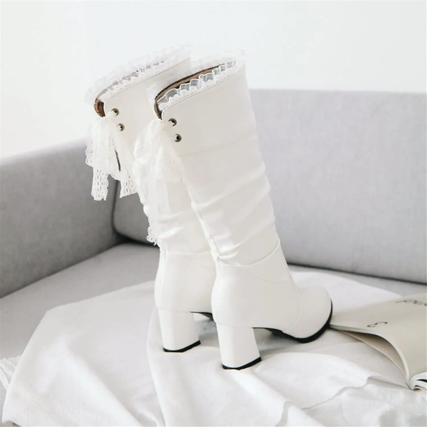 FFZSQ Winter Boots Ladies Lace Boots with Block Heel, Elegant Ruffle Long Shaft Boots Comfort Non-Slip Snow Boots PU Leather Slip Boots Women Party Shoes