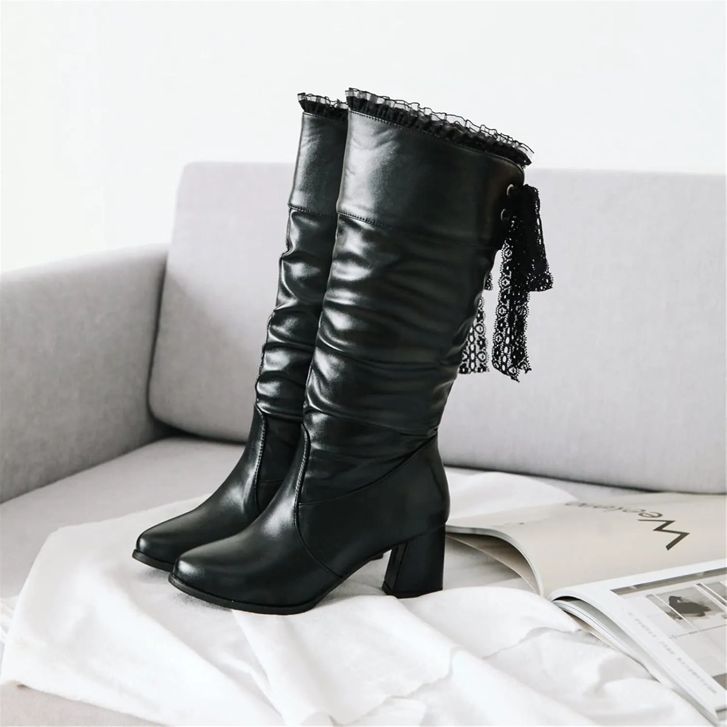 FFZSQ Winter Boots Ladies Lace Boots with Block Heel, Elegant Ruffle Long Shaft Boots Comfort Non-Slip Snow Boots PU Leather Slip Boots Women Party Shoes