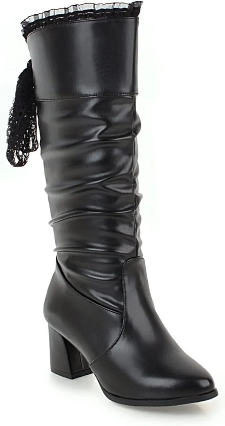 FFZSQ Winter Boots Ladies Lace Boots with Block Heel, Elegant Ruffle Long Shaft Boots Comfort Non-Slip Snow Boots PU Leather Slip Boots Women Party Shoes