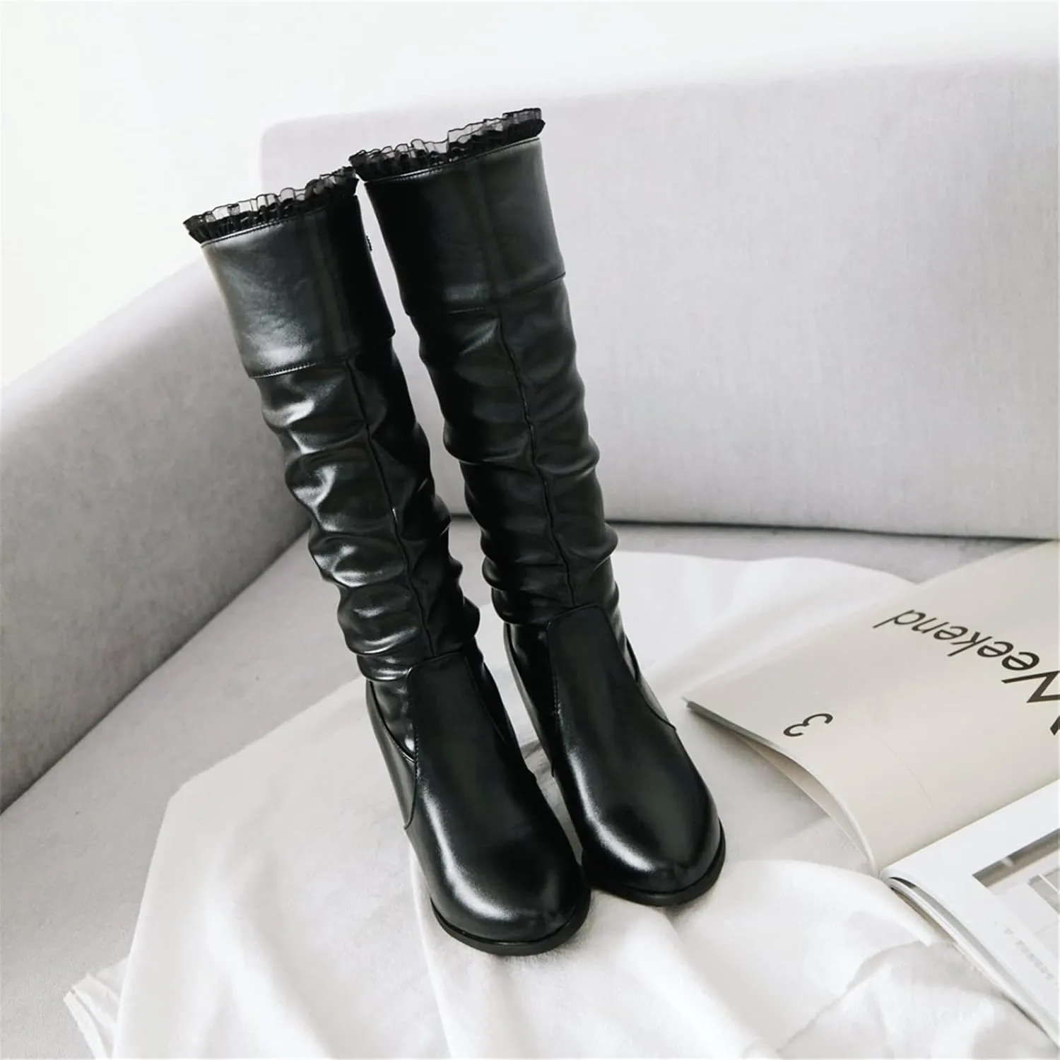 FFZSQ Winter Boots Ladies Lace Boots with Block Heel, Elegant Ruffle Long Shaft Boots Comfort Non-Slip Snow Boots PU Leather Slip Boots Women Party Shoes