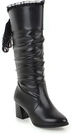 FFZSQ Winter Boots Ladies Lace Boots with Block Heel, Elegant Ruffle Long Shaft Boots Comfort Non-Slip Snow Boots PU Leather Slip Boots Women Party Shoes