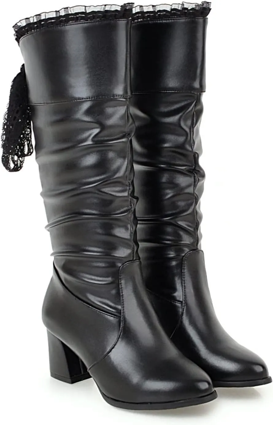 FFZSQ Winter Boots Ladies Lace Boots with Block Heel, Elegant Ruffle Long Shaft Boots Comfort Non-Slip Snow Boots PU Leather Slip Boots Women Party Shoes