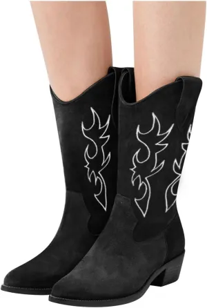 Gibobby Snow Boots for Women Western Cowgirl Boots with Chunky Heel Pointed Toe Mid-Calf Boots